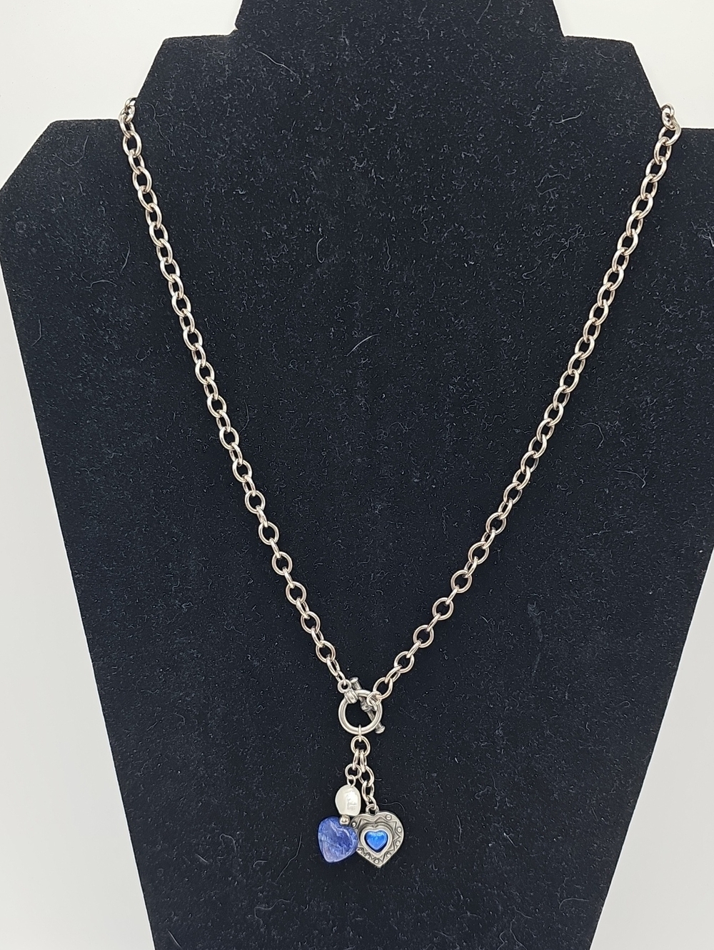 Silver Chain Necklace with Blue Heart Charms by